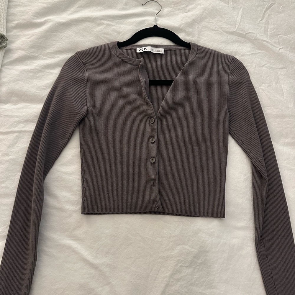 Zara Women's Button-Up Ribbed Cardigan - Brown